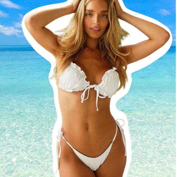 New XL White Velour Velvet Ruched Ruffle Side Tie Bikini Swimsuit Y2k Cheeky‎ - Picture 1 of 4